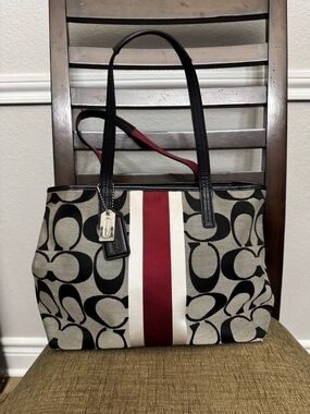 Coach Canvas Tote with Black, Cream & Red Center Stripe